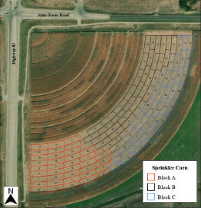 This aerial view shows the 2021 sprinkler corn competition layout map. Each team has three randomly assigned plots, with one in each of the blocks which equal to around a half an acre. The teams each have access to one soil moisture sensor which is installed in Block B for all teams.