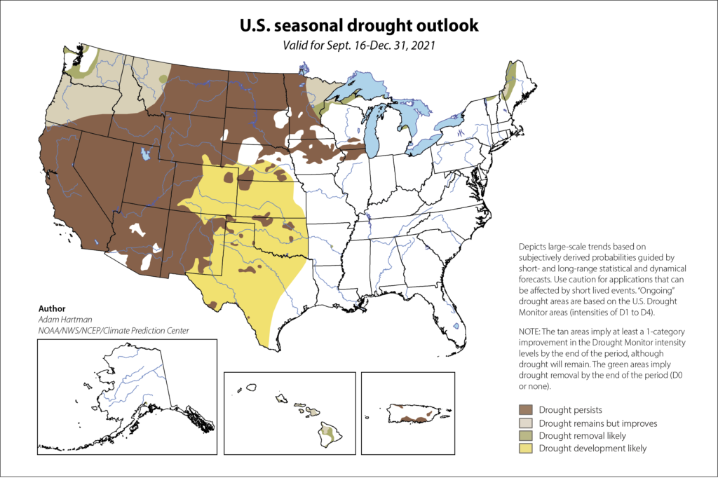 U.S. seasonal drought outlook, Valid for Sept. 16-Dec. 31, 2021