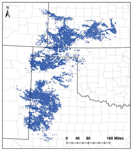 Map of digitized center pivots in central and southern regions of the Ogallala Aquifer