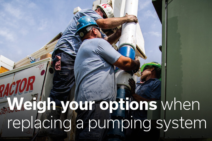 Men installing a pump with the words "Weigh your options when replacing a pumping system" below them.